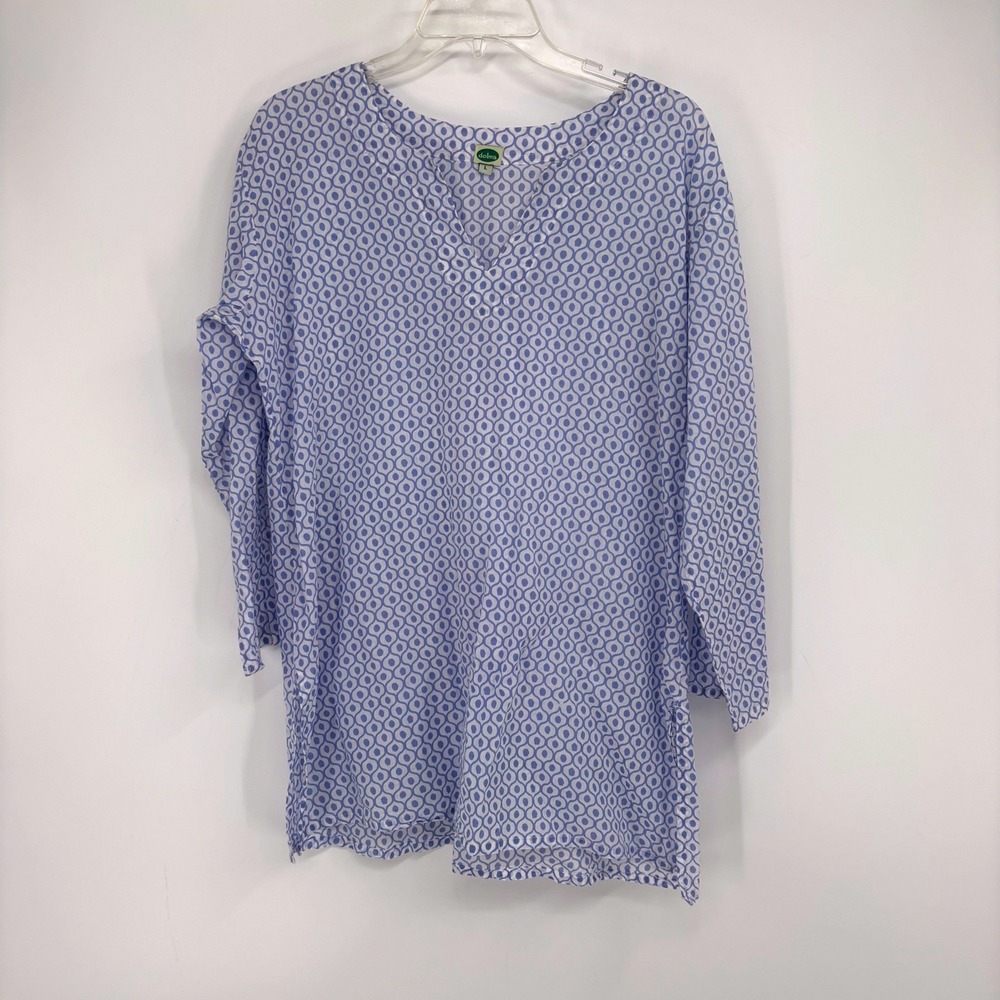 Dolma Tunic Top Womens L Blue White Geometric Print V-Neck 100% Cotton India